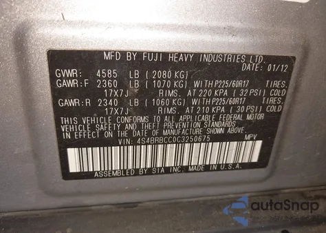 2012 Subaru Outback 2.5I Premium z USA, uszkodzony, nr VIN 4S4BRBCC0C3250675